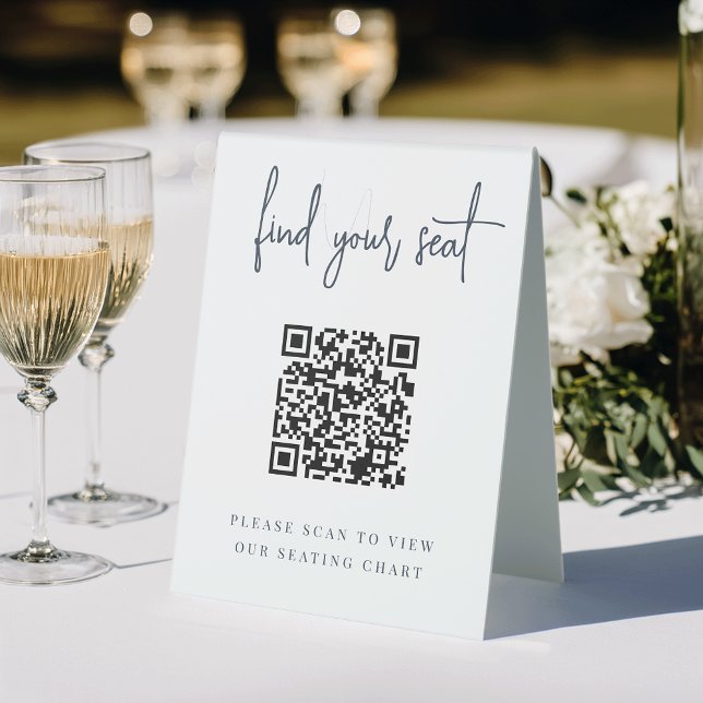 Navy | Handwritten Script QR Code Wedding Seating Table Tent (Creator Uploaded)
