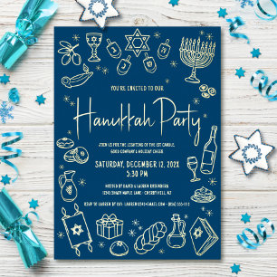 Navy Hanukkah Hand Drawn Doodles Party Real Gold Foil Holiday Card