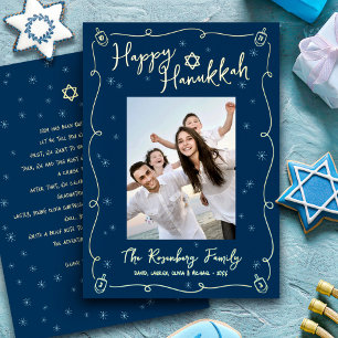 Navy Hanukkah Photo Hand Drawn Your Note Real Gold Foil Holiday Card