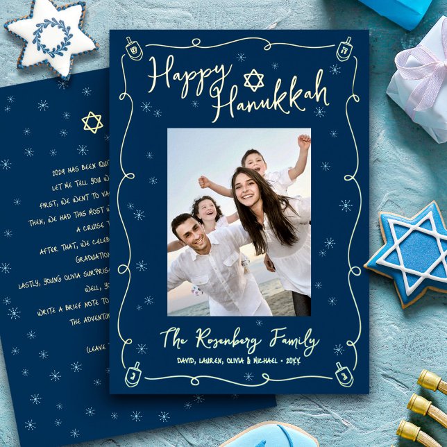 Navy Hanukkah Photo Hand Drawn Your Note Real Gold Foil Holiday Card (Creator Uploaded)