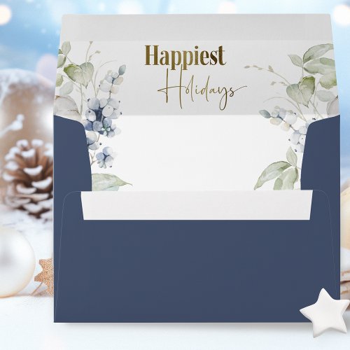 Navy Happiest Holidays Elegant Holiday Envelope