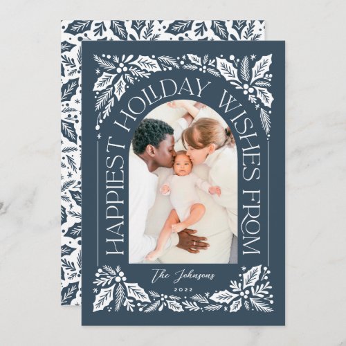 Navy Happiest Wishes Arch Berry 3 Photo Collage Holiday Card
