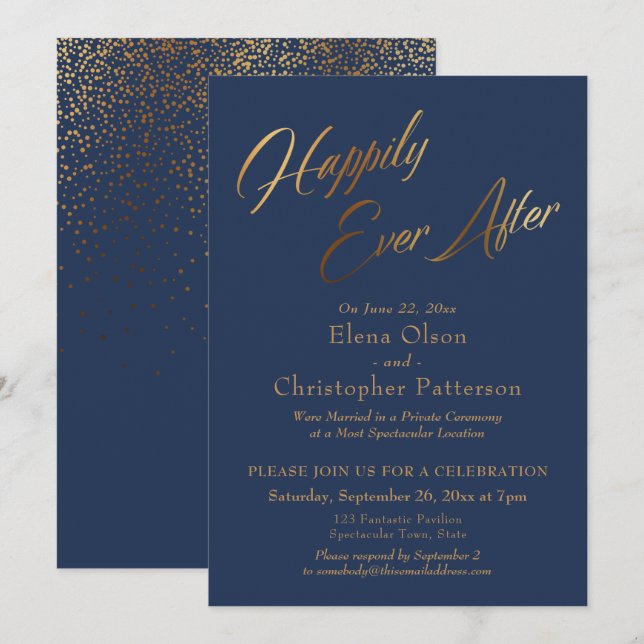 Navy Happily Ever After Gold Confetti Reception Invitation (Front/Back)