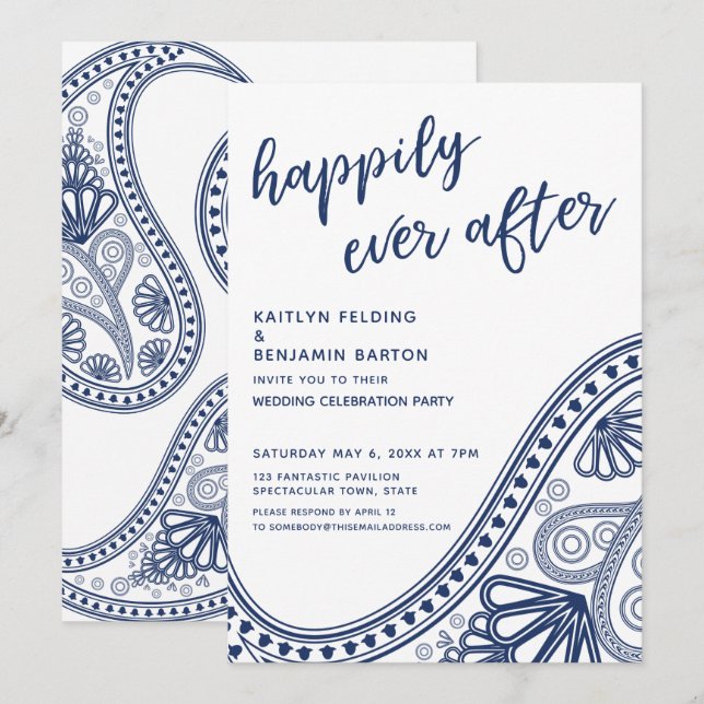 Navy Happily Ever After Paisley Reception-Only Invitation (Front/Back)