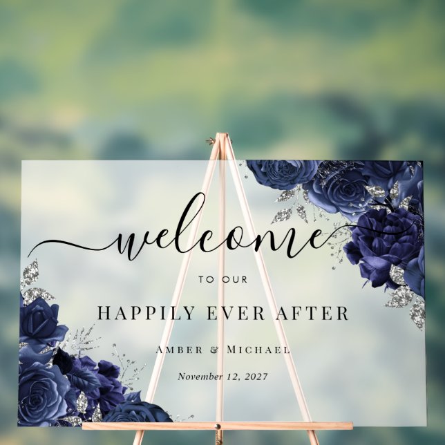 Navy Happily Ever After Wedding Acrylic Sign (Neutral)