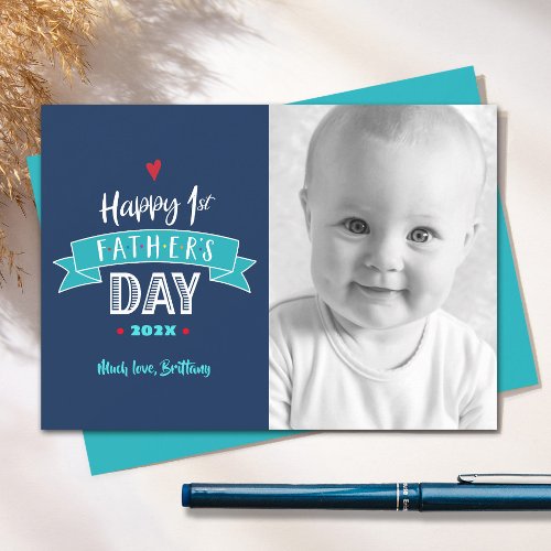 Navy Happy 1st Fathers Day Bold Typography Photo Card