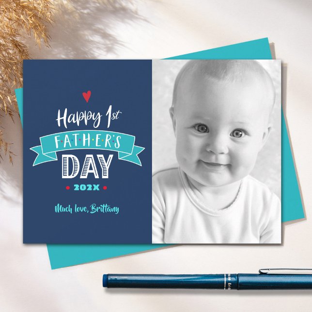 Navy Happy 1st Father’s Day Bold Typography Photo Card (Creator Uploaded)