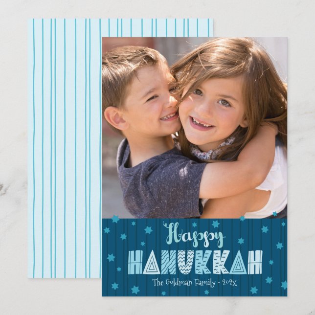 Navy Happy Hanukkah Photo Fun Typography Modern Holiday Card (Front/Back)