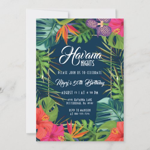 Navy Havana Nights Floral Tropical Birthday Invitation