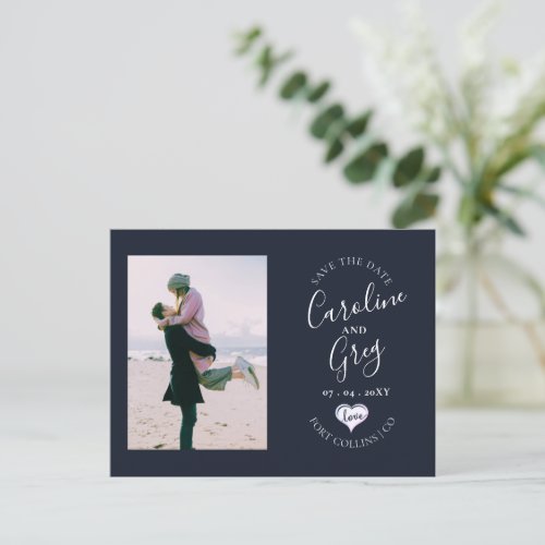 Navy Heart Love Typography Photo Save the Date Announcement Postcard