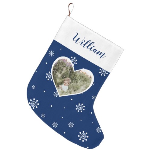 Navy Heart  Snowflakes  Christmas Custom Photo Large Christmas Stocking