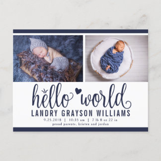 Navy Hello World Photo Birth Stat Announcement Postcard