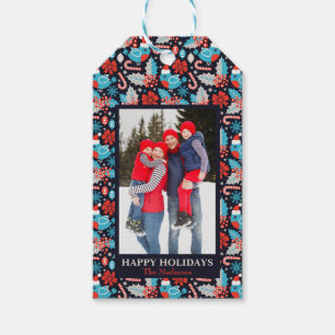 Navy Holiday Birds and Holly Photo Gift Tag