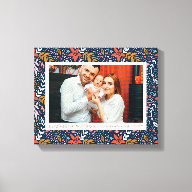 Navy Holiday Christmas Floral Frame Canvas Print (Front)