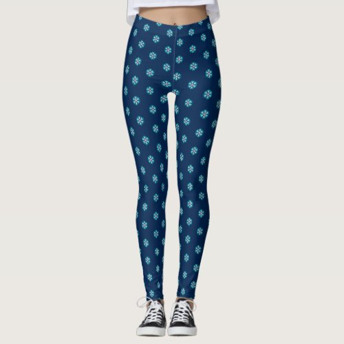 Navy holiday modern turquoise snowflake pattern leggings