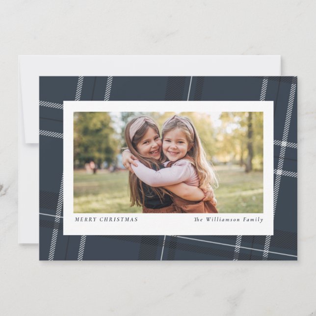 Navy holiday plaid Christmas photo card (Front)