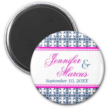 Navy Hot Pink Filigree Fancy Wedding Save The Date Magnet by FidesDesign at Zazzle