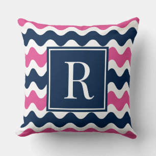 Navy & Hot Pink Preppy Ric Rac Stripe Monogram Throw Pillow