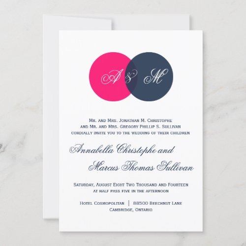 Navy &amp; Hot Pink Twin Monograms Wedding Invitation
