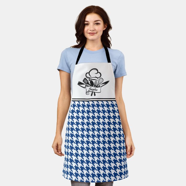 Navy Houndstooth Personalized Apron (Worn)