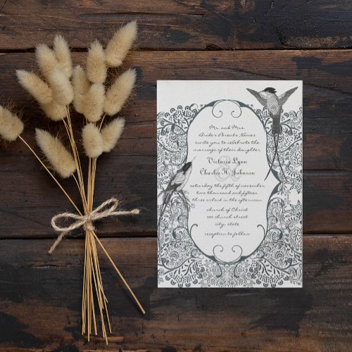 Navy Hummingbird Love Bird Pattern Wedding Invites