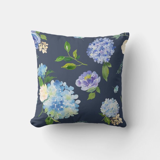 Navy Hydrangea Floral Deco Throw Pillows (Front)