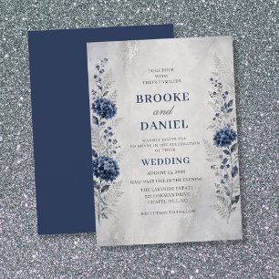 Navy Hydrangea Forget Me Not Silver Wedding Invitation