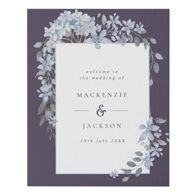 Navy Hydrangeas Watercolor Wedding Welcome Board Faux Canvas Print (Front)