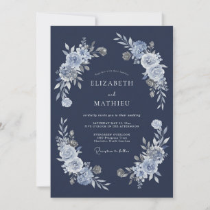 Navy Ice Blue Floral Watercolor Wedding Invitation