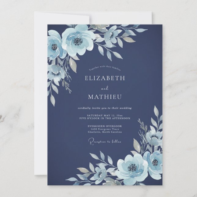 Navy Icy Floral Wedding Invitation (Front)