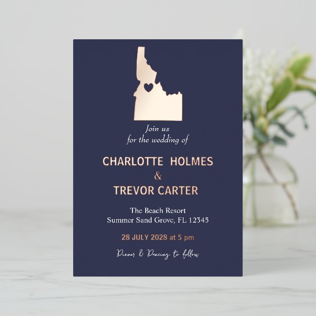 Navy Idaho State Map Wedding Gold Foil Invitation (Standing Front)