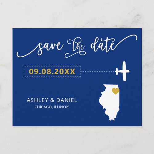 Navy Illinois Wedding Save the Date Map Postcard