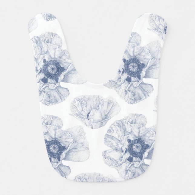 Navy Illustrated Poppy Flower Baby Bib (Front)