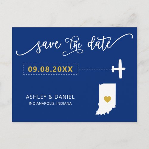 Navy Indiana Wedding Save the Date Map Postcard