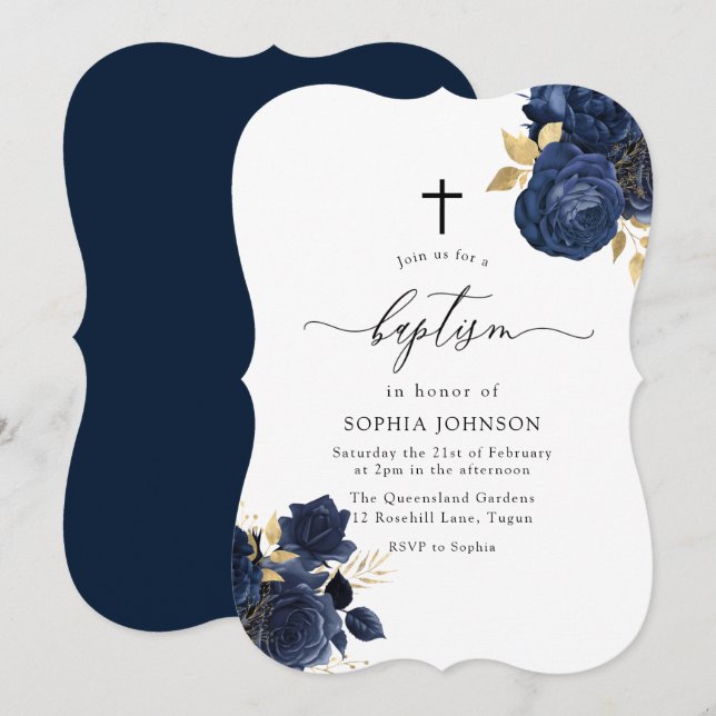 Navy Indigo Blue Floral Gold Leaf Baptism Invitation (Front/Back)