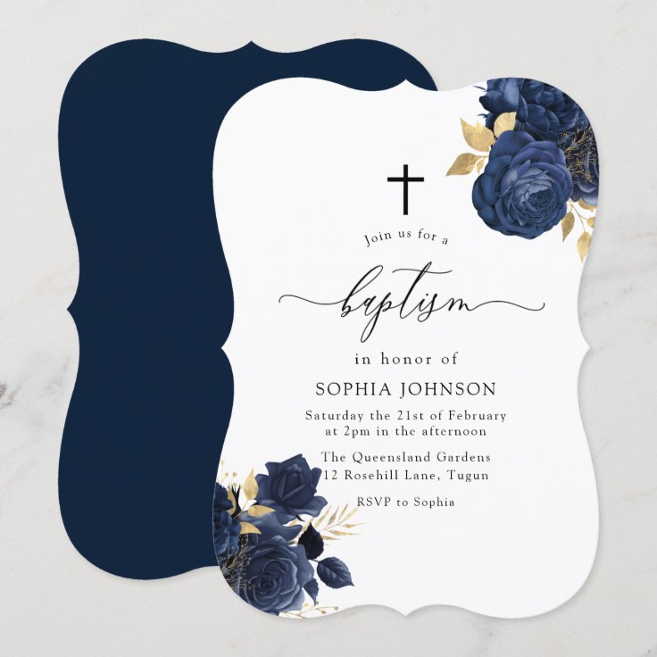 Navy Indigo Blue Floral Gold Leaf Baptism Invitation | Zazzle