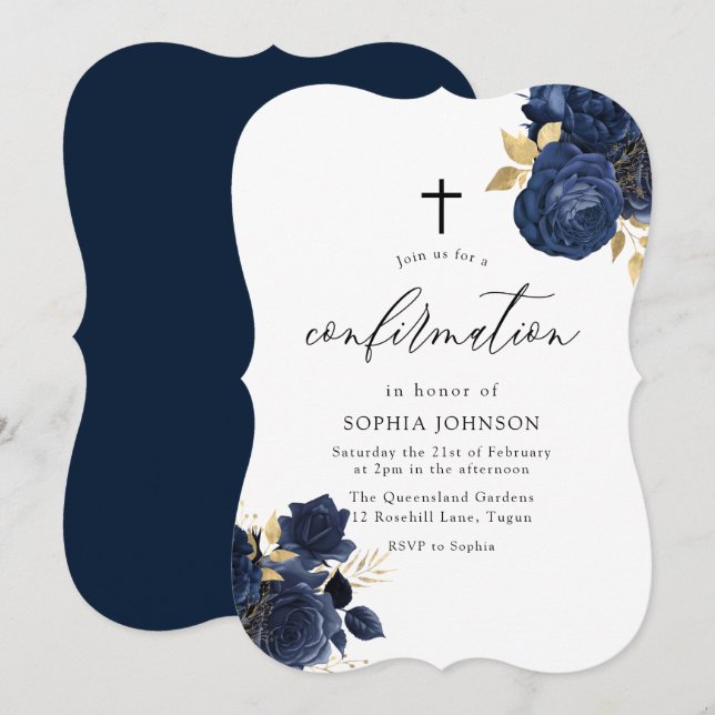Navy Indigo Blue Floral Gold Leaf Confirmation Inv Invitation (Front/Back)
