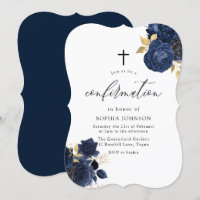 Navy Indigo Blue Floral Gold Leaf Confirmation Inv