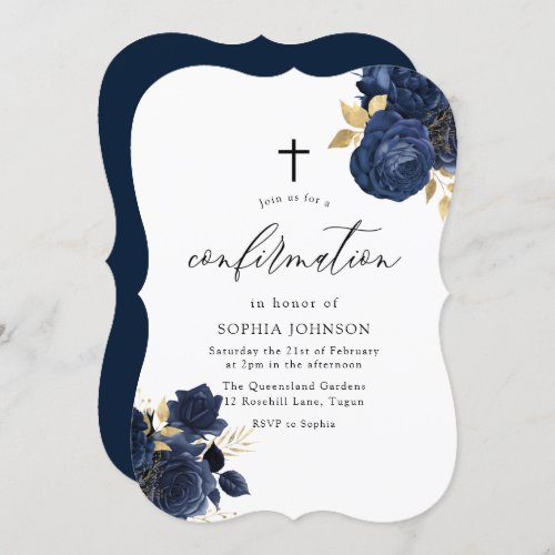 Navy Indigo Blue Floral Gold Leaf Confirmation Inv Invitation