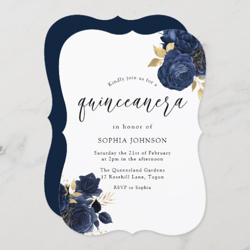 Navy Indigo Blue Floral Gold Leaf Quinceanera Invitation