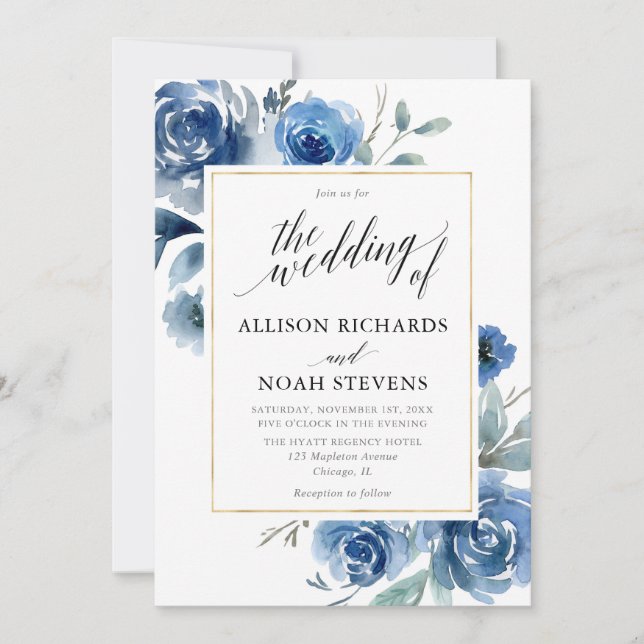 Navy indigo blue floral modern elegant wedding invitation (Front)