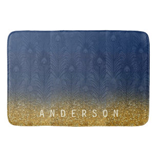 Navy Indigo Blue Glitter Gold Feather Personalized Bath Mat