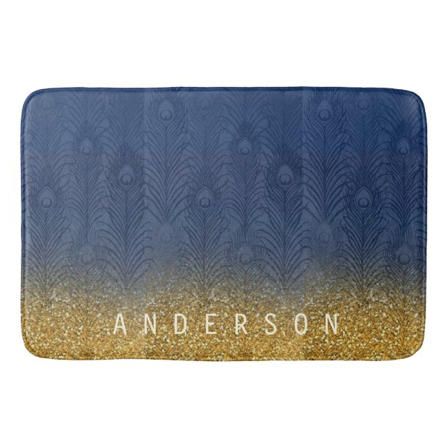 Navy Indigo Blue Glitter Gold Feather Personalized Bath Mat (Front)