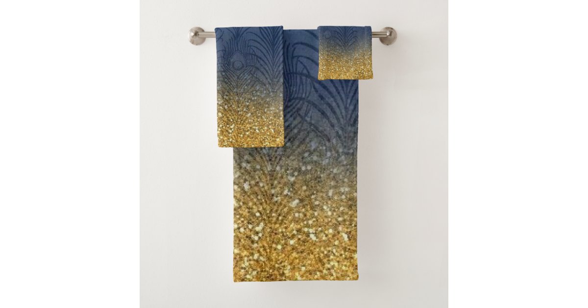 Navy Indigo Blue Glitter Gold Feather Personalized Bath Towel Set Zazzle Com