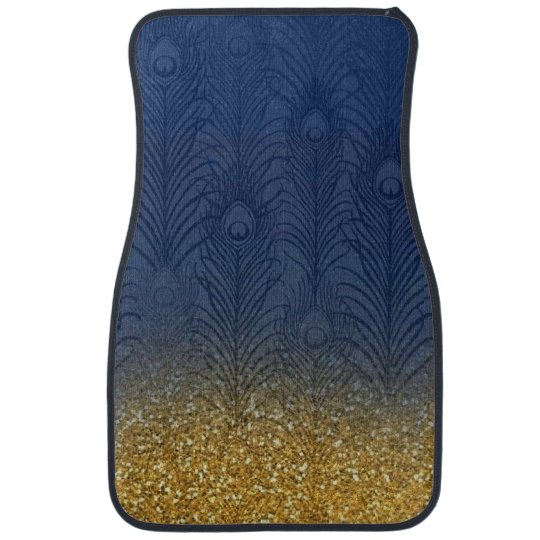 Navy Indigo Blue Glitter Gold Peacock Feather Car Floor Mat