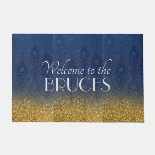 Navy Indigo Blue Glitter Gold Peacock Feather Doormat