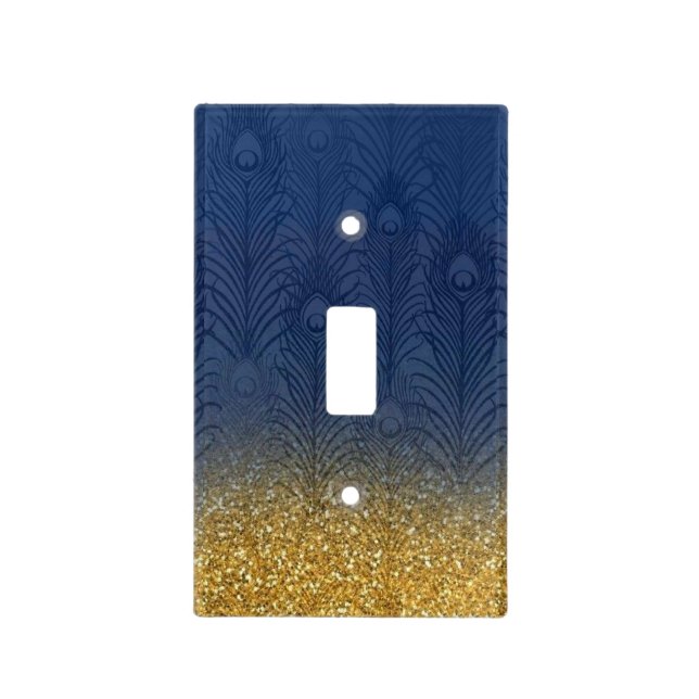 Navy Indigo Blue Glitter Gold Peacock Feather Light Switch Cover (Front)