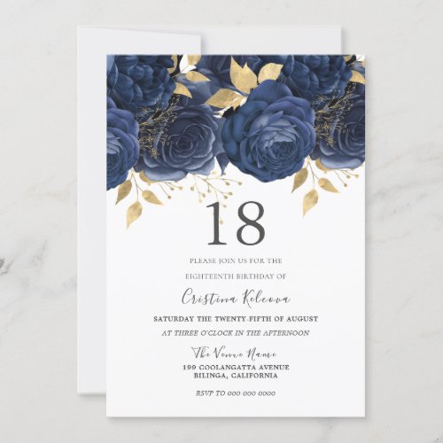 Navy Indigo Blue  Gold Floral 18th Birthday Party Invitation