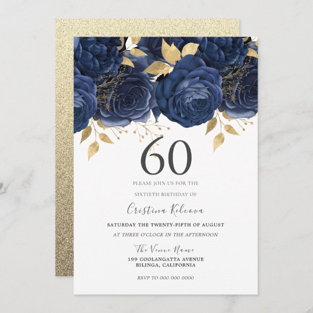 Navy Indigo Blue & Gold Floral 60th Birthday Party Invitation (Front/Back)