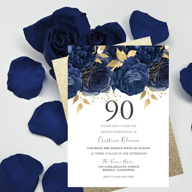 Navy Indigo Blue & Gold Floral 90th Birthday Party Invitation (Creator Uploaded)
